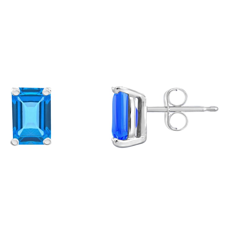 6x4mm Emerald Cut Blue Topaz 14k White Gold Stud Earrings