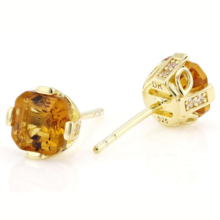 Citrine And White Zircon Asscher Stud Earrings In 18K Gold Over Sterling
Silver 1.92ctw
