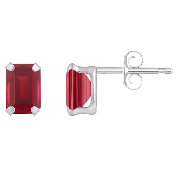6x4mm Emerald Cut Lab Created Ruby Rhodium Over 10k White Gold Stud Earrings