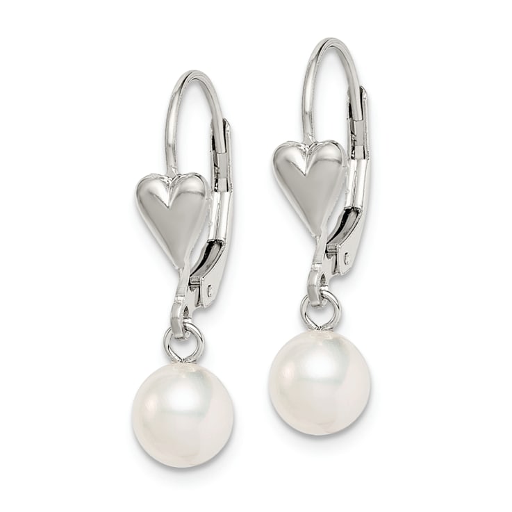 Rhodium Over Sterling Silver 6-7mm Freshwater Cultured Pearl Heart
Leverback Dangle Earrings
