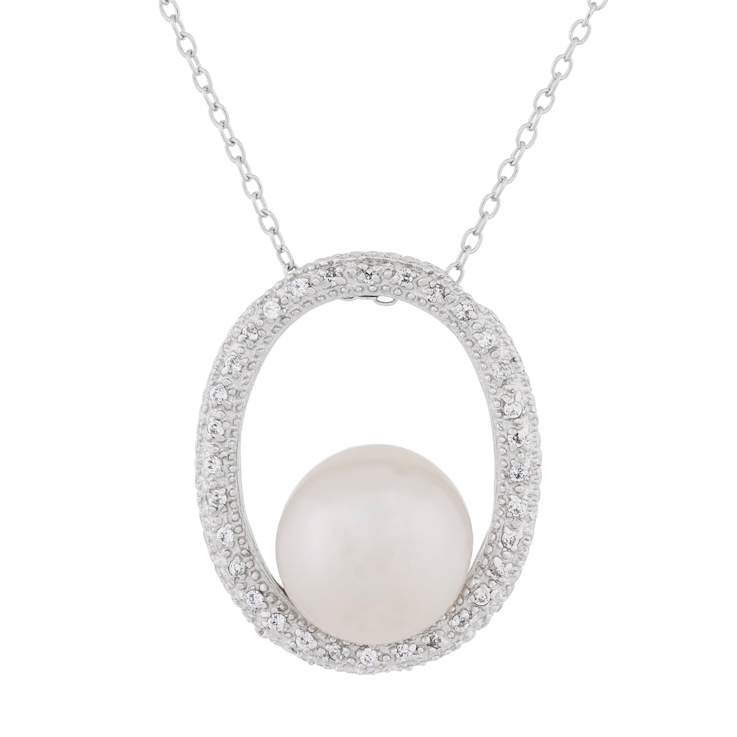 10-11mm Button White Cultured Freshwater Pearl and CZ Rhodium Over
Sterling Silver Pendant