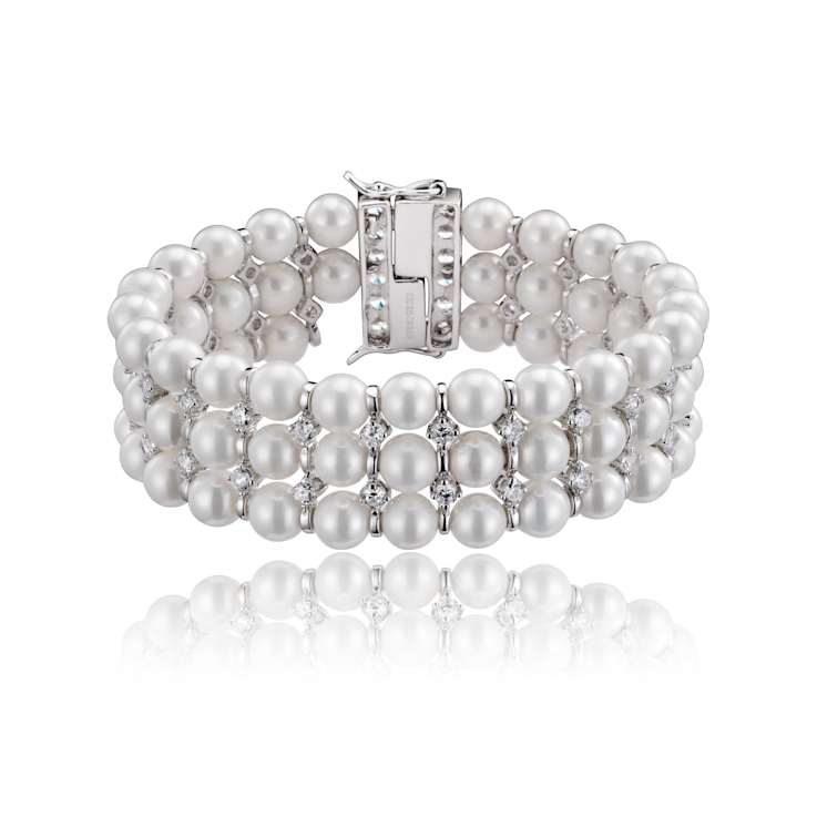 Triple-Strand Pearl And CZ Bracelet In Sterling Silver