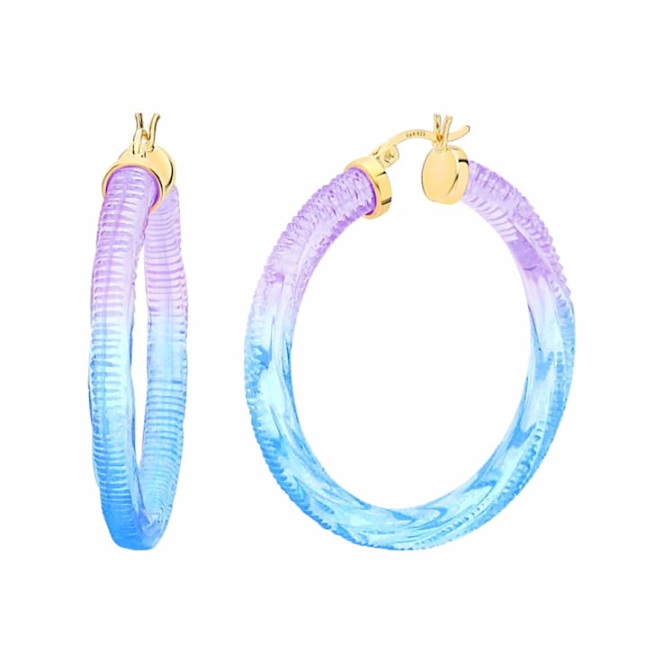 14K Yellow Gold Over Sterling Silver Painted Hoops in Purple and Blue