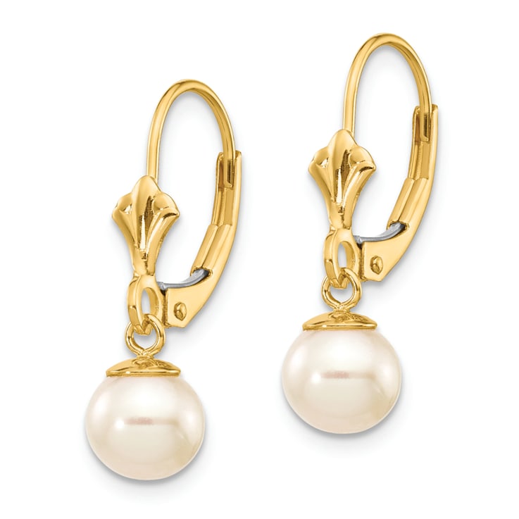 14K Yellow Gold 6-7mm White Round Freshwater Cultured Pearl Leverback Earrings