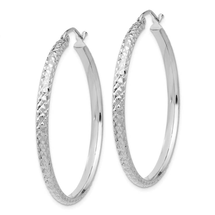 Rhodium Over 14k White Gold Diamond-Cut 1 7/16" Hoop Earrings