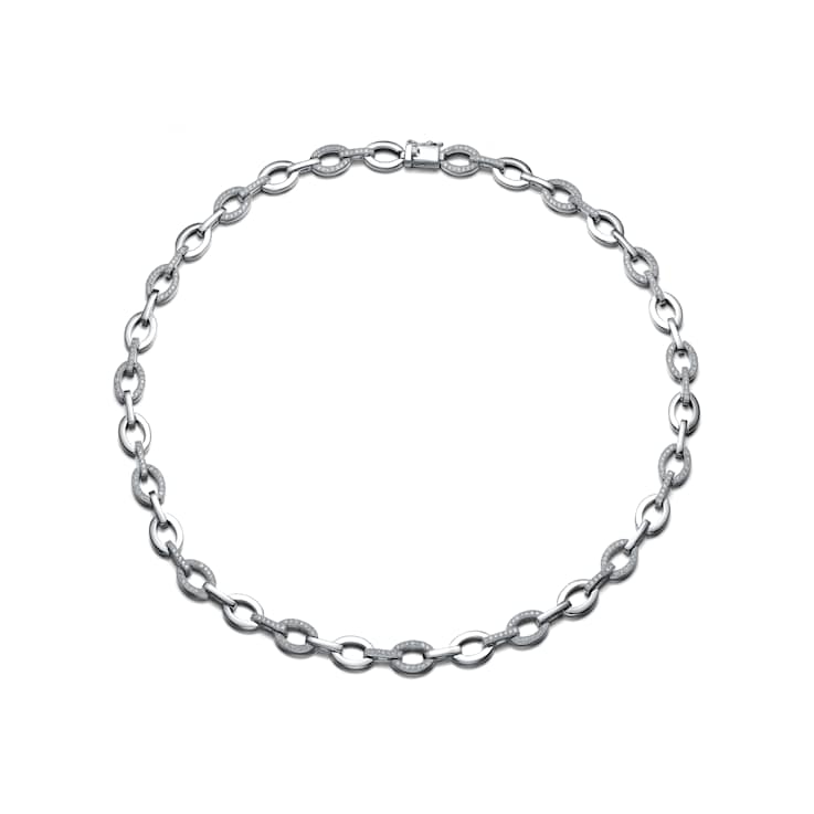 Pave CZ Oval Link Chain Necklace In Sterling Silver 16 Inch