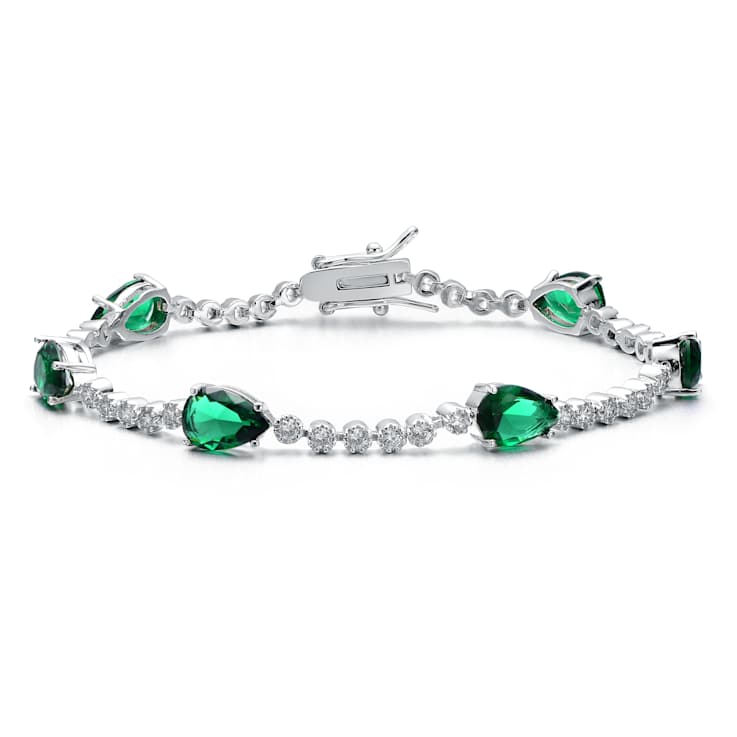 Emerald Color CZ And White CZ Pear Shape Tennis Bracelet In White
Rhodium Over Brass 4.26ctw