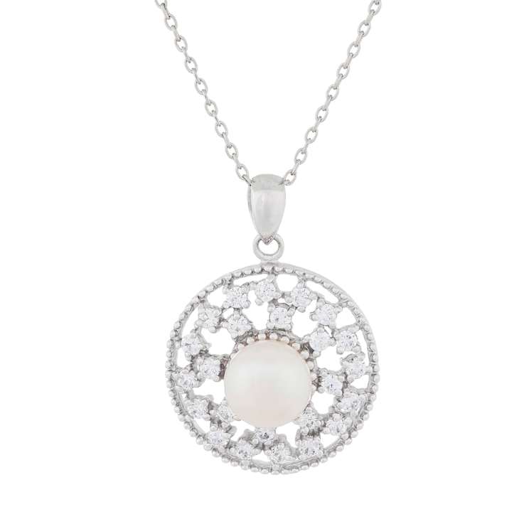 8-9mm Button White Cultured Freshwater Pearl and CZ Rhodium Over
Sterling Silver Pendant
