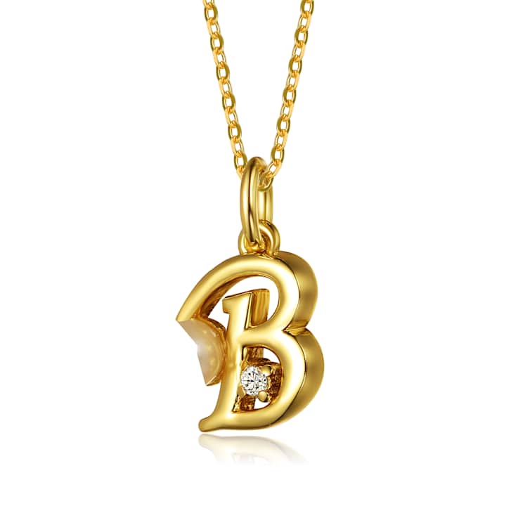 Initial B Pear Shape CZ And Pearl Pendant Necklace In 14K Gold Over Brass