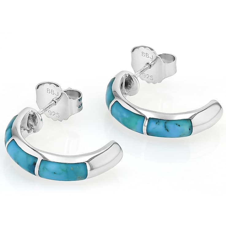 Turquoise Three-Stone Inlay Hoop Earrings In Sterling Silver