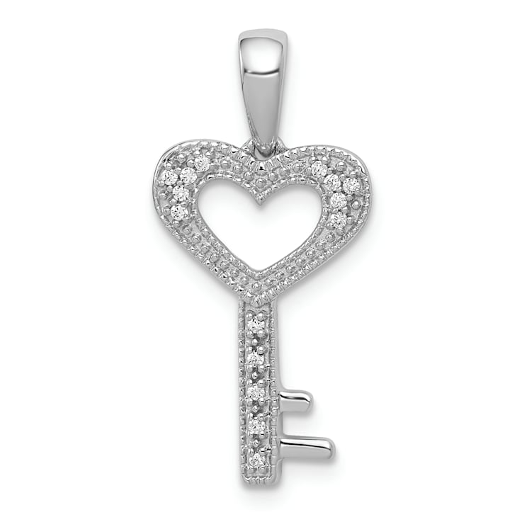Rhodium Over 14K White Gold 1/20ct. Diamond Heart Key Pendant