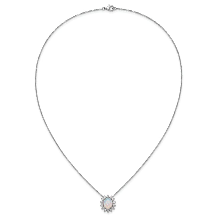 Rhodium Over Sterling Silver Lab Created Opal and Cubic Zirconia Oval
Halo Necklace