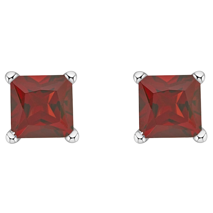 4mm Princess Cut Garnet 14k White Gold Stud Earrings