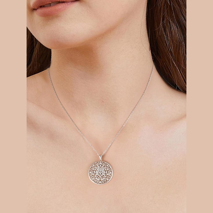 Moissanite accented Flower of Life Filigree Style Circle Pendant Necklace