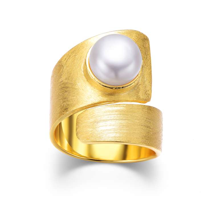 Pear Shape Freshwater Pearl Cuff Ring In 14K Gold Over Sterling Silver