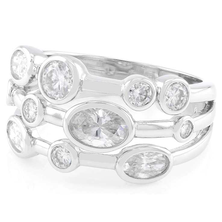 Oval And Round Moissanite Multi-Row Ring In Platinum-Enhanced Sterling Silver