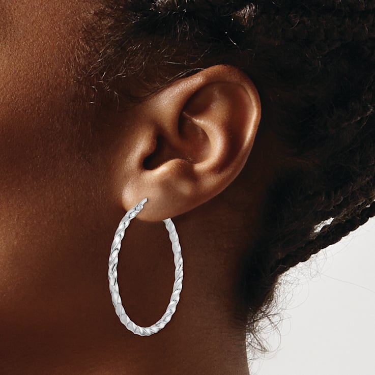 Rhodium Over Sterling Silver Twisted 3x40mm Hoop Earrings
