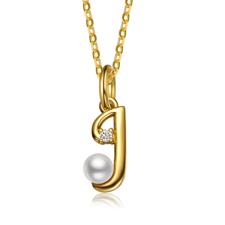 Initial J Pear Shape CZ And Pearl Pendant Necklace In 14K Gold Over Brass