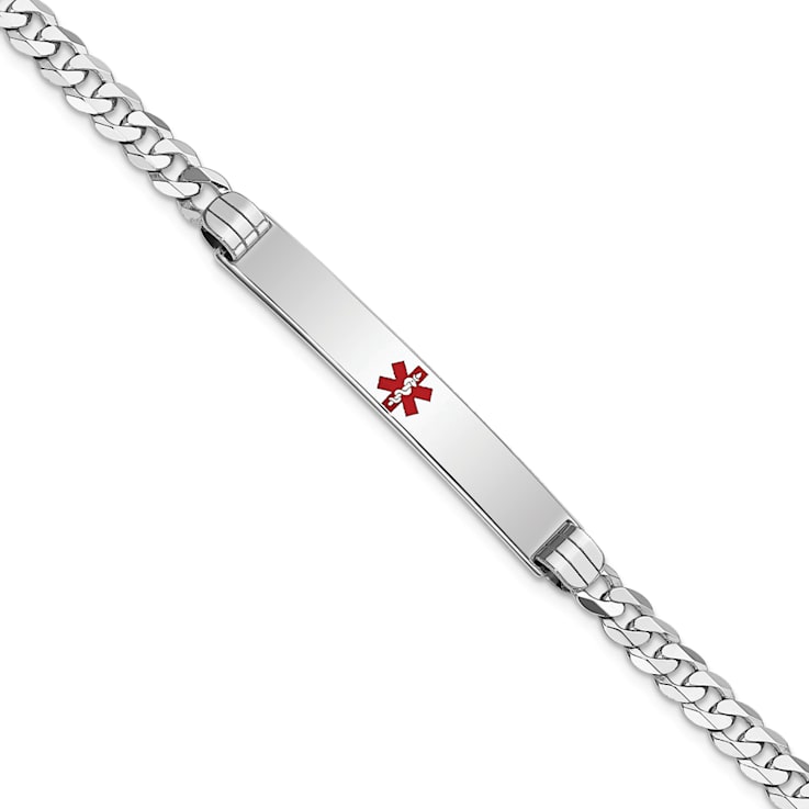 Rhodium Over 14k White Gold Medical Red Enamel Flat Curb Link ID Bracelet