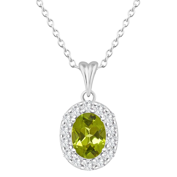 8x6mm Oval Peridot and White Topaz Accent Rhodium Over Sterling Silver
Halo Pendant w/Chain
