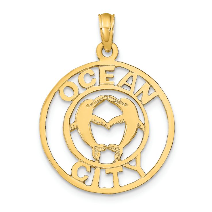 14k Yellow Gold OCEAN CITY with Dolphins Pendant