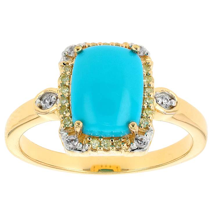 Turquoise With White Zircon And Yellow Diamond Ring In 18K Gold Over
Sterling Silver 0.13ctw