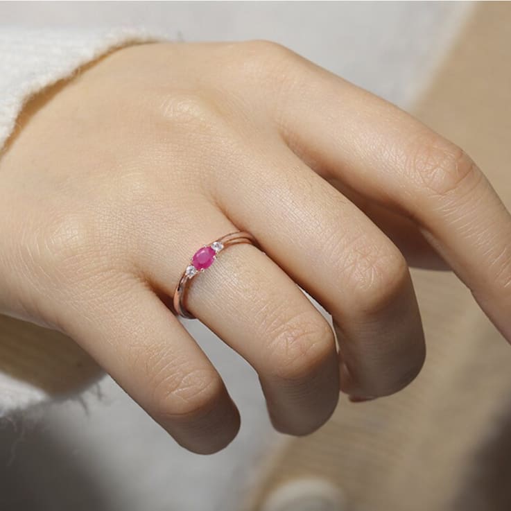 Red Ruby and White Sapphire 14K Rose Gold Over Sterling Silver Dainty Ring,