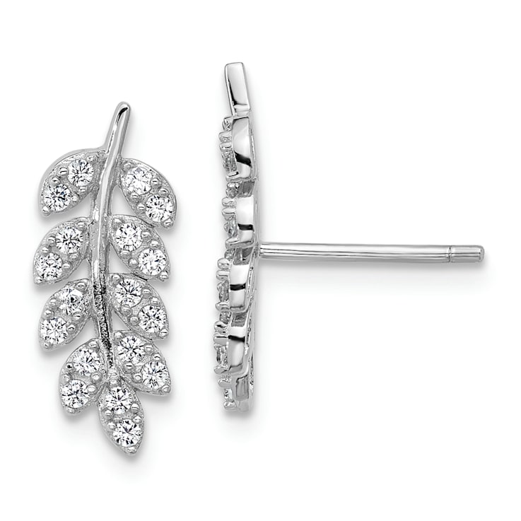 Rhodium Over Sterling Silver Polished Cubic Zirconia Leaf Post Earrings