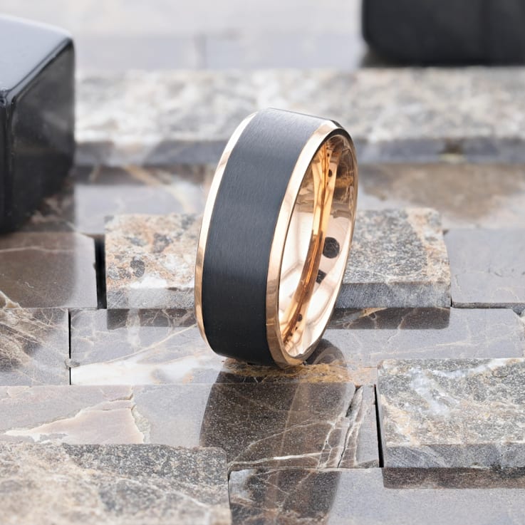 STEPHEN Rose Gold Plated Black Titanium Flat Brushed Wedding Ring With
Beveled Polished Edges 8mm