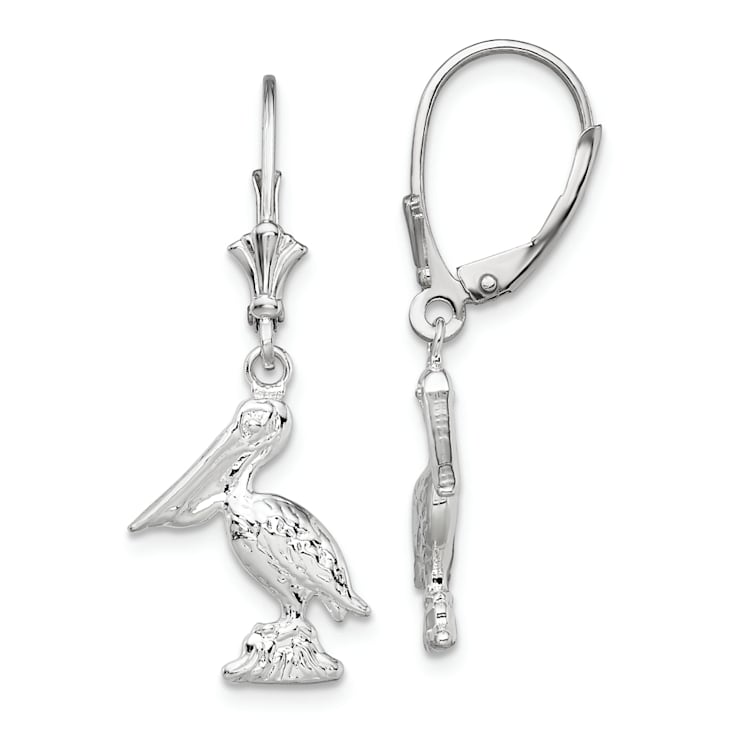 Rhodium Over Sterling Silver Polished 3D Small Pelican Leverback Earrings