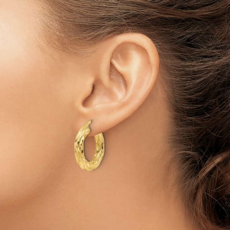 14k Yellow Gold 1/1" Polished Woven Textured Round Hoop Earrings
