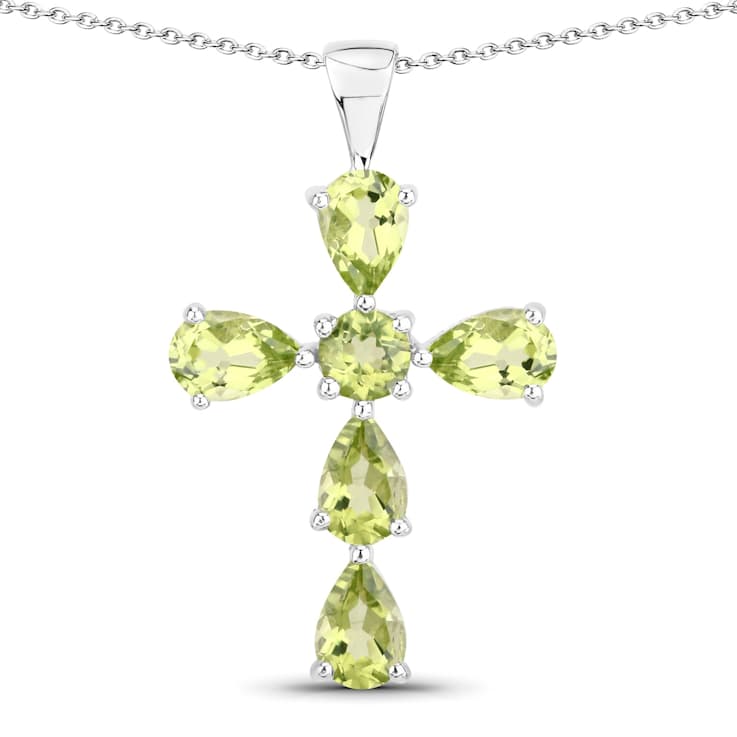 Green Peridot Rhodium Over Sterling Silver Cross Pendant With Chain