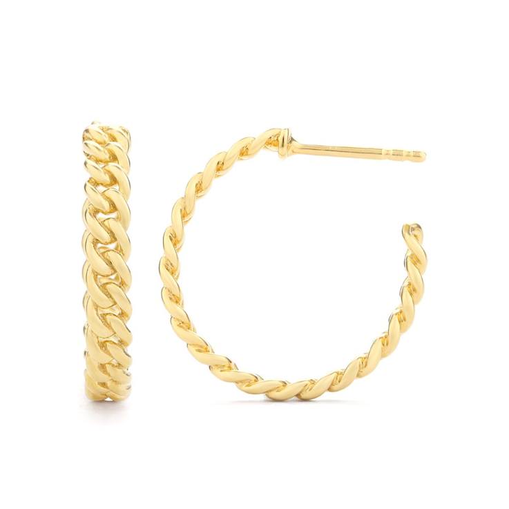 Curb Link J-Hoop Earrings In 14K Gold Over Sterling Silver