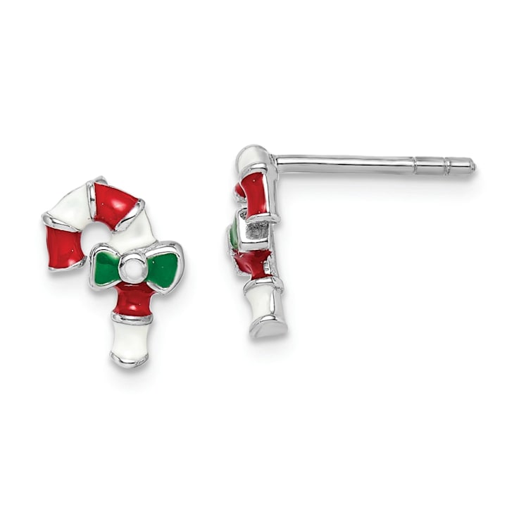 Rhodium Over Sterling Silver Enamel Candy Cane Post Earrings