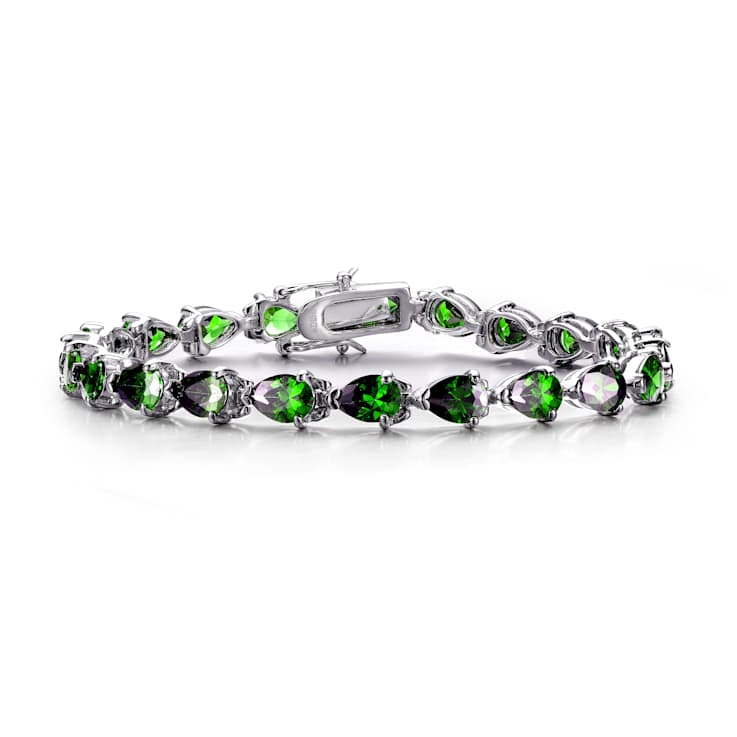 Emerald Color CZ Pear Shape Tennis Bracelet In White Rhodium Over Brass