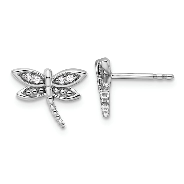 Rhodium Over Sterling Silver White Diamond Dragonfly Post Earrings