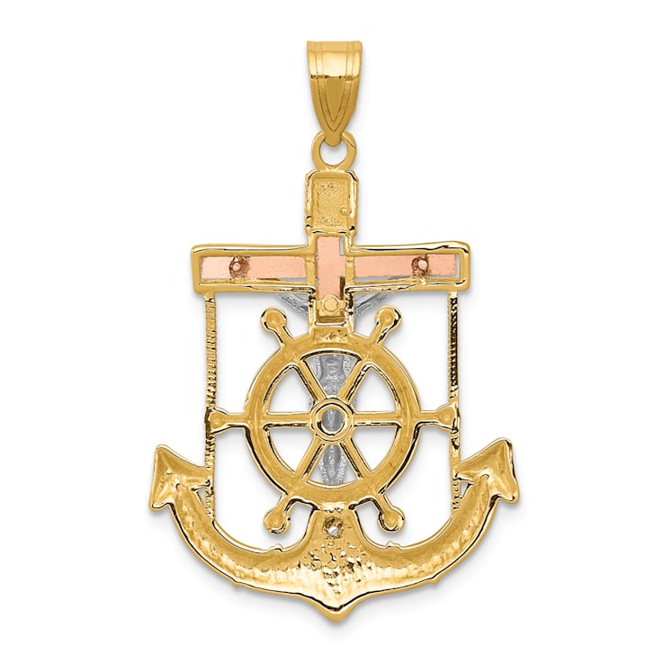 14K Yellow, White and Rose Gold Diamond-cut with Textured Mariner's
Cross Pendant