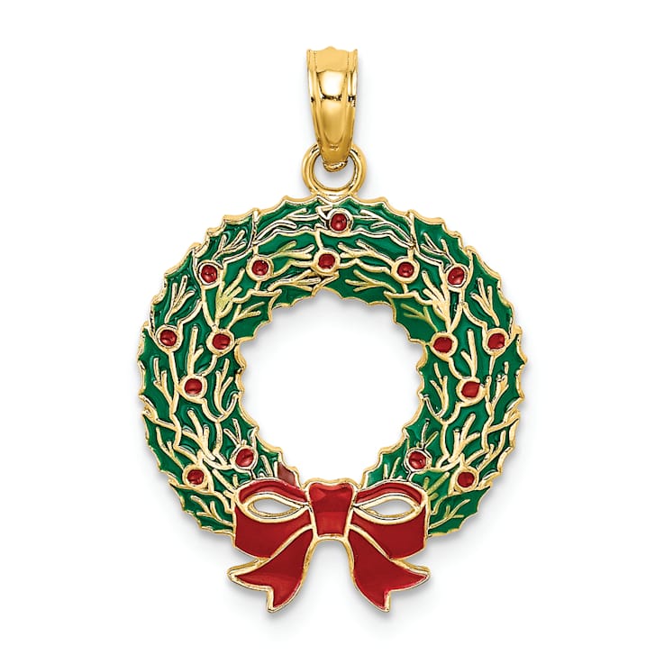 10K Yellow Gold Red and Green Enameled Christmas Wreath Charm