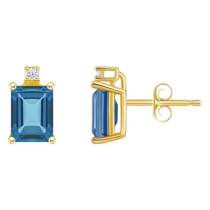6x4mm Emerald Cut London Blue Topaz with Diamond Accents 14k Yellow Gold
Stud Earrings