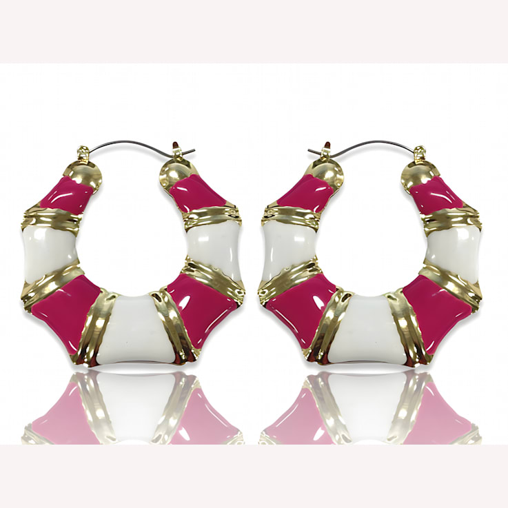 Gold Tone Pink and White Enamel Earring