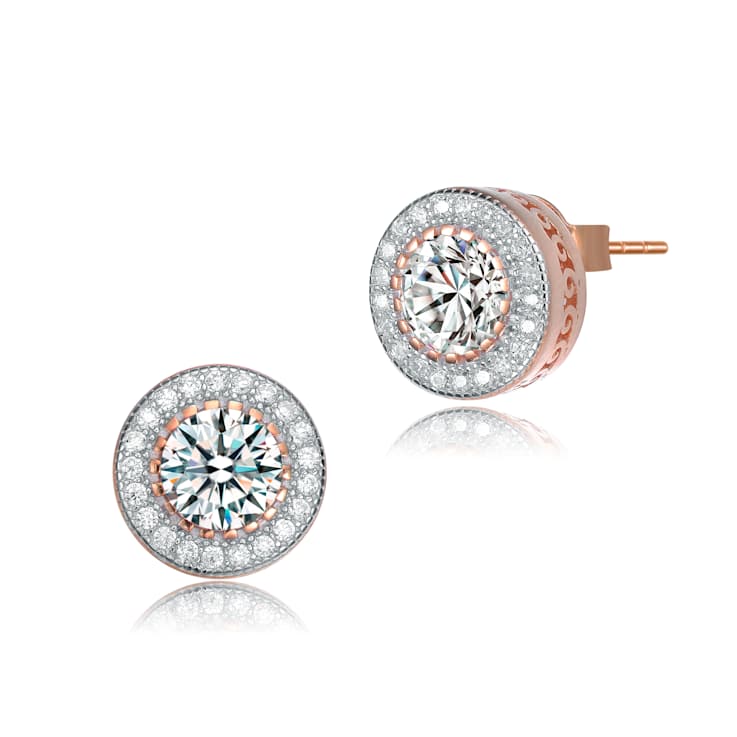 CZ Halo Stud Earrings In 18K Rose Gold Over Brass