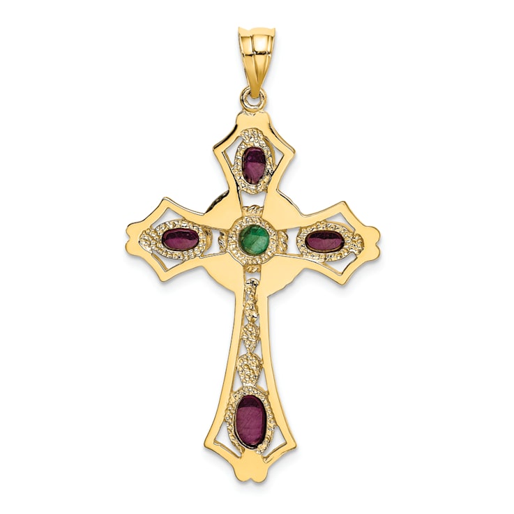 14k Yellow Gold Textured Ruby and Emerald Cabochon Cross Pendant