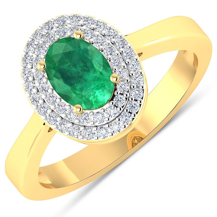 0.86ctw Green Emerald and Diamond 14K Yellow Gold Halo Ring