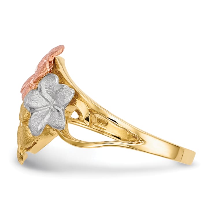 14K Polished and Satin Diamond-cut 4-Plumeria Ring