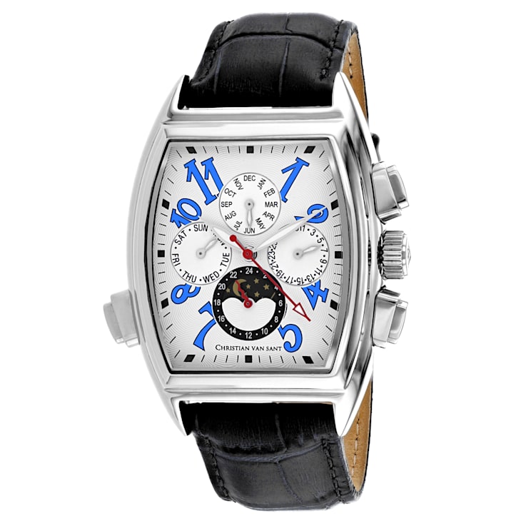 Christian Van Sant Men's Grandeur White Dial with Blue Accents, Black
Leather Strap Watch