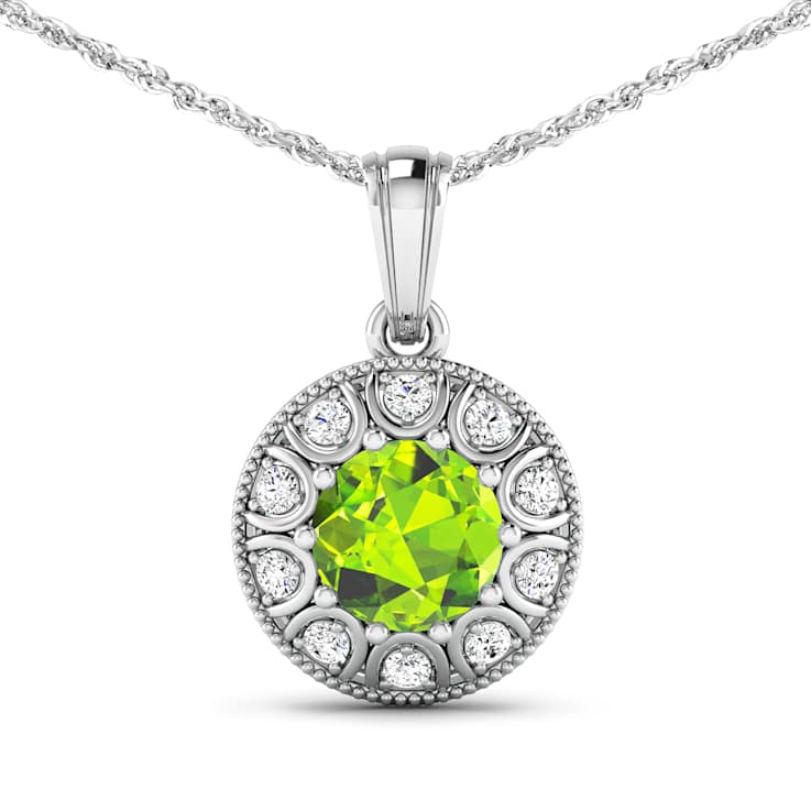1.85ctw 14K White Gold Round Peridot and White Diamond Pendant with 18
inch Cable Chain