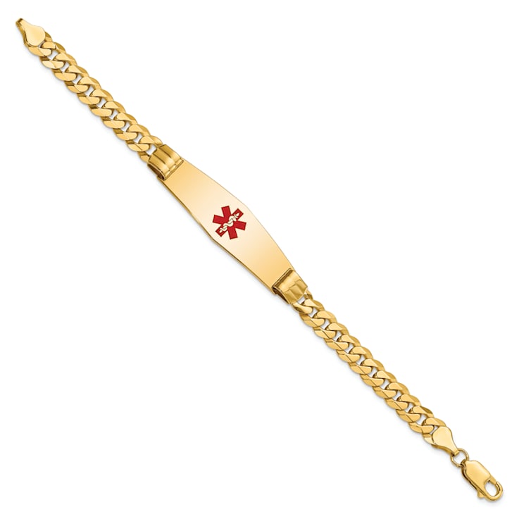 14k Yellow Gold Medical Soft Diamond Shape Red Enamel Curb Link ID Bracelet