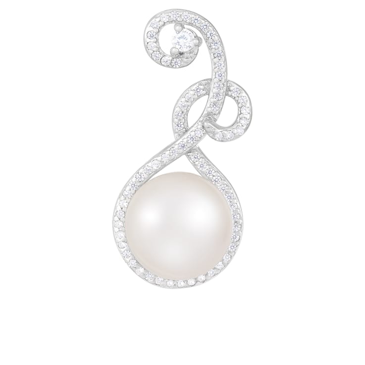9-10mm Button White Cultured Freshwater Pearl and CZ Rhodium Over
Sterling Silver Pendant