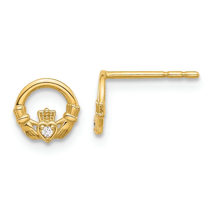 14k Yellow Gold Cubic Zirconia 6.8mm Claddagh Stud Earrings