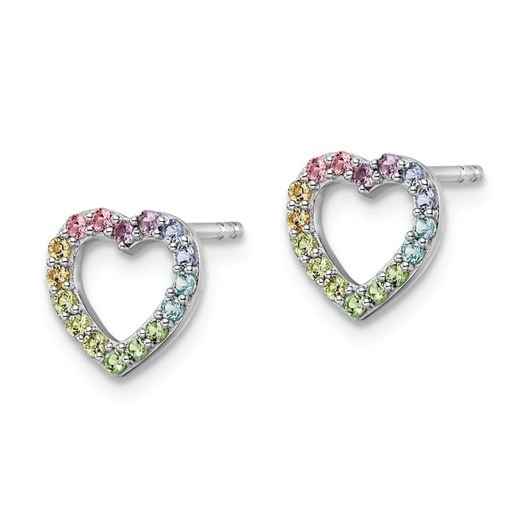 Rhodium Over Sterling Silver Rainbow Crystal Open Heart Post Earrings